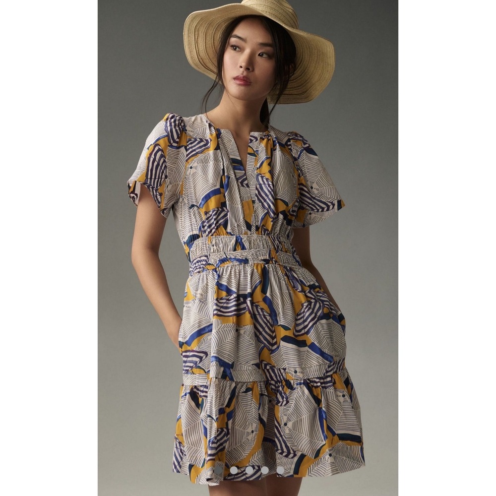 Anthropologie Somerset Mini Dress Yellow Blue Umbrella Smocked Waist‎
